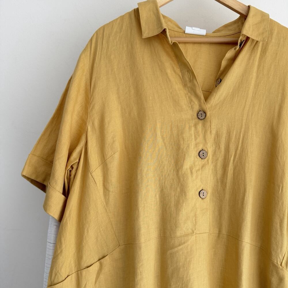 J Jill Love Linen Dress 3X Yellow Pocket Front Coastal Cottage Lagenlook Beach - Picture 2 of 6